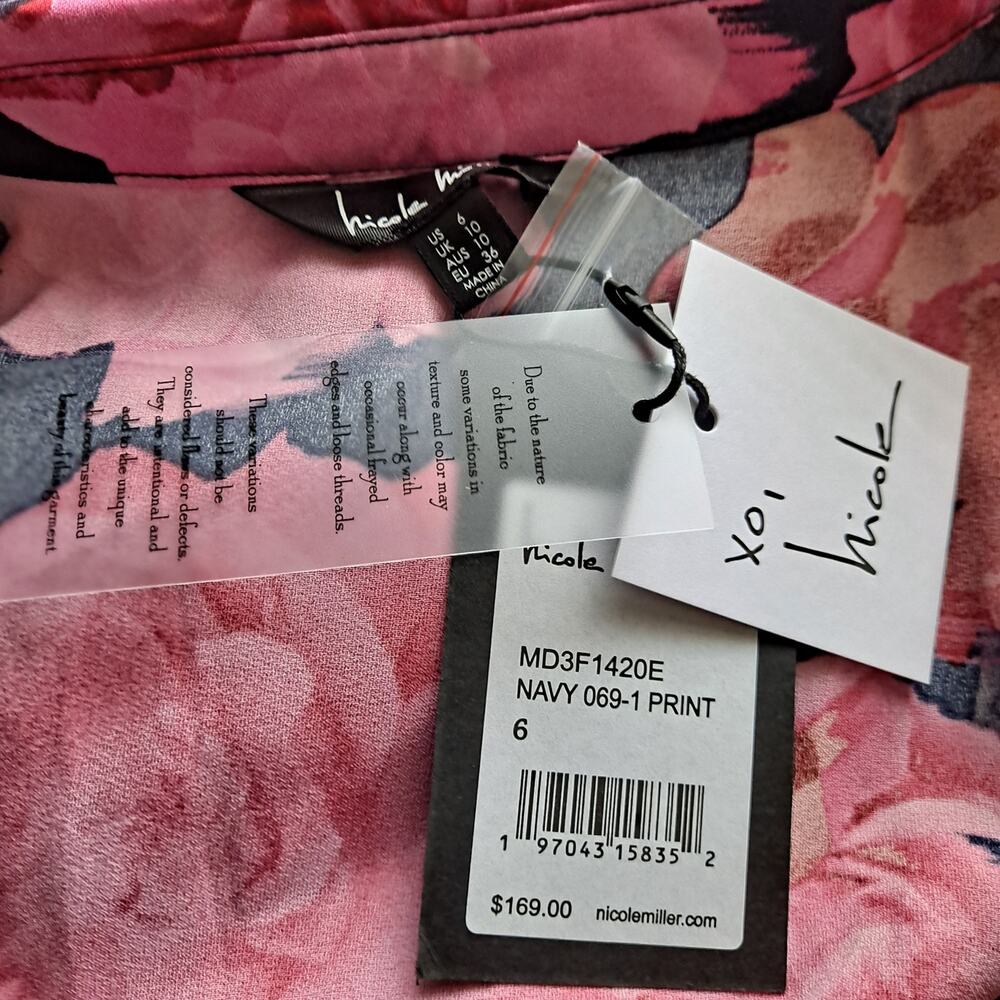NWT Nicole Miller Floral Dress Collared Midi Faux Wrap Pink Navy Womens Size 6 - Picture 11 of 15